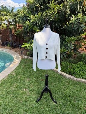 Cropped Cream Cable-Knit Button Cardigan